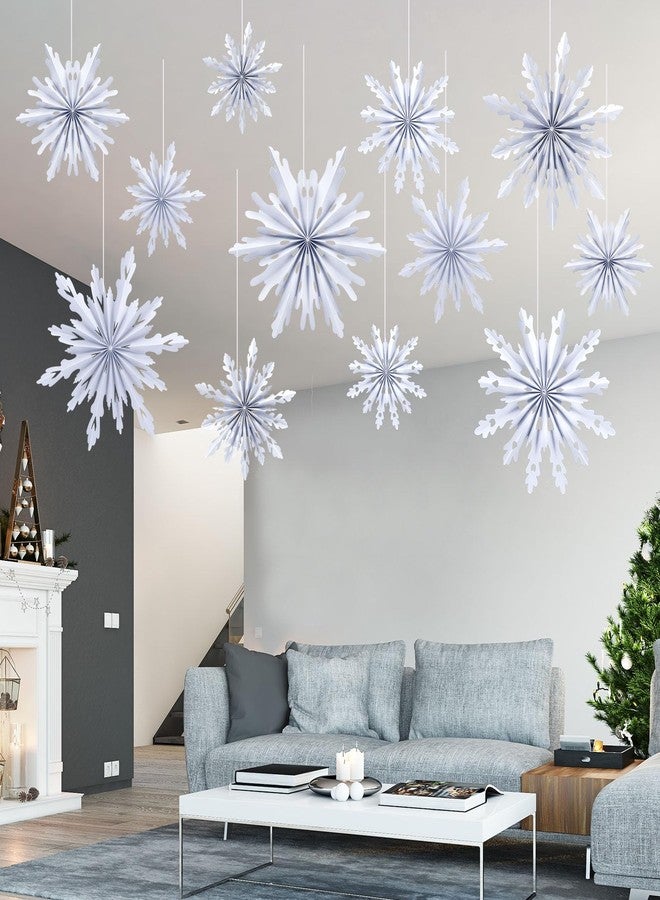 Fuyoooo 12 Pcs Snowflakes Hanging Decorations Blue Purple White Paper Fans Hollow Snowflakes Ceiling Hangings Decor Ice Birthday Fans Decor for Wedding Birthday Holiday Party Decoration(White) - Image 5